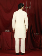Luxe Men's Japanese Fabric Heavy Yoke Multi Embroidered V-Neck Kurta with Trouser Set - Cream