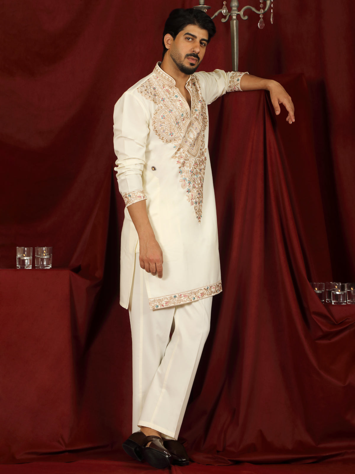 Luxe Men's Japanese Fabric Heavy Yoke Multi Embroidered V-Neck Kurta with Trouser Set - Cream