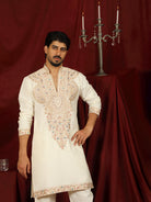Luxe Men's Japanese Fabric Heavy Yoke Multi Embroidered V-Neck Kurta with Trouser Set - Cream