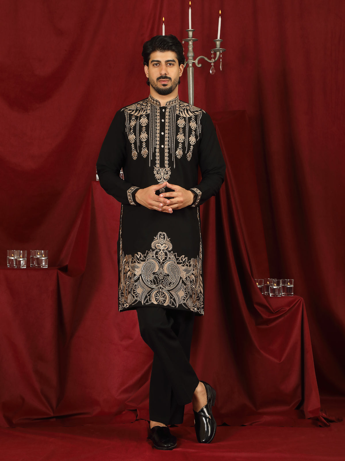 Luxe Men's Japanese Ethnic Motifs Heavy Embroidered with Sequin Work Kurta with Trouser Set - Black