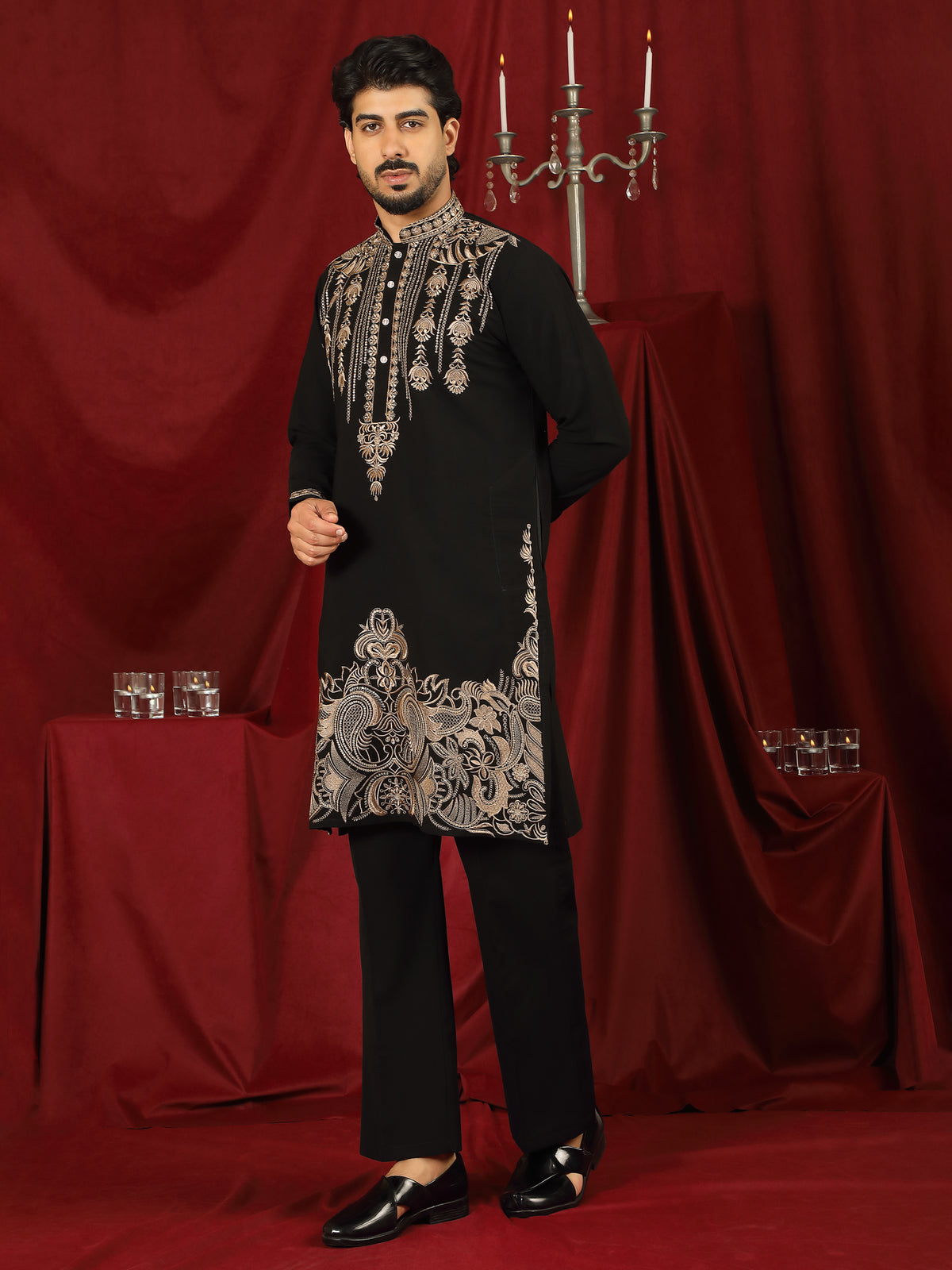 Luxe Men's Japanese Ethnic Motifs Heavy Embroidered with Sequin Work Kurta with Trouser Set - Black
