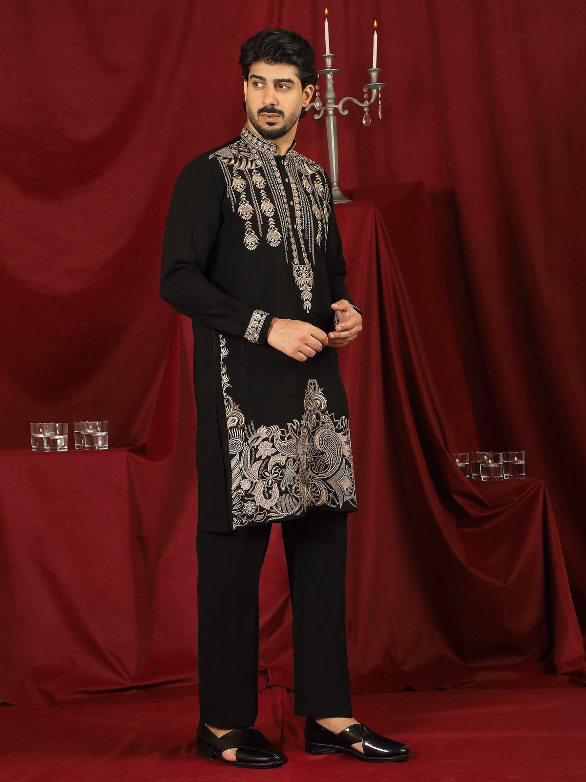 Luxe Men's Japanese Ethnic Motifs Heavy Embroidered with Sequin Work Kurta with Trouser Set - Black