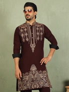 Luxe Men's Japanese Ethnic Motifs Heavy Embroidered with Sequin Work Kurta - Maroon