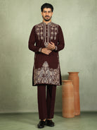 Luxe Men's Japanese Ethnic Motifs Heavy Embroidered with Sequin Work Kurta with Trouser Set - Maroon