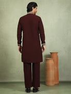 Luxe Men's Japanese Ethnic Motifs Heavy Embroidered with Sequin Work Kurta with Trouser Set - Maroon