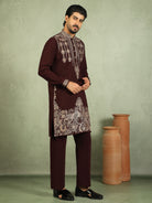 Luxe Men's Japanese Ethnic Motifs Heavy Embroidered with Sequin Work Kurta with Trouser Set - Maroon