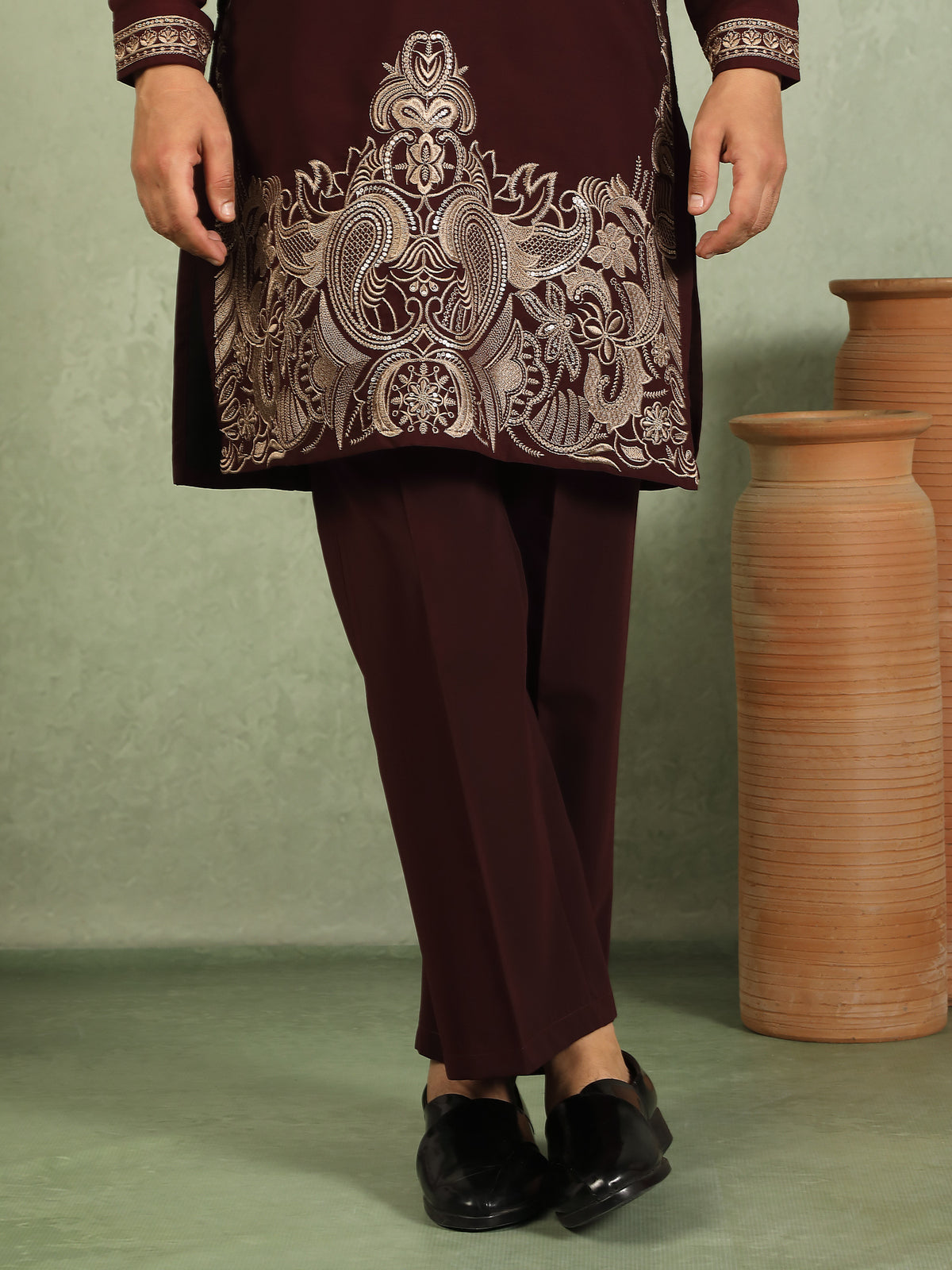 Luxe Men's Japanese Ethnic Motifs Heavy Embroidered with Sequin Work Kurta with Trouser Set - Maroon