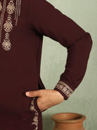 Luxe Men's Japanese Ethnic Motifs Heavy Embroidered with Sequin Work Kurta with Trouser Set - Maroon