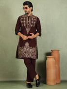 Luxe Men's Japanese Ethnic Motifs Heavy Embroidered with Sequin Work Kurta with Trouser Set - Maroon