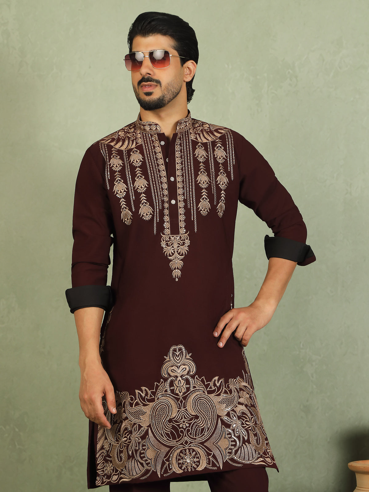Luxe Men's Japanese Ethnic Motifs Heavy Embroidered with Sequin Work Kurta with Trouser Set - Maroon