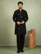 Luxe Men's Japanese Geometric Embroidered with Sequins & Zip Closure Kurta with Trouser Set - Black