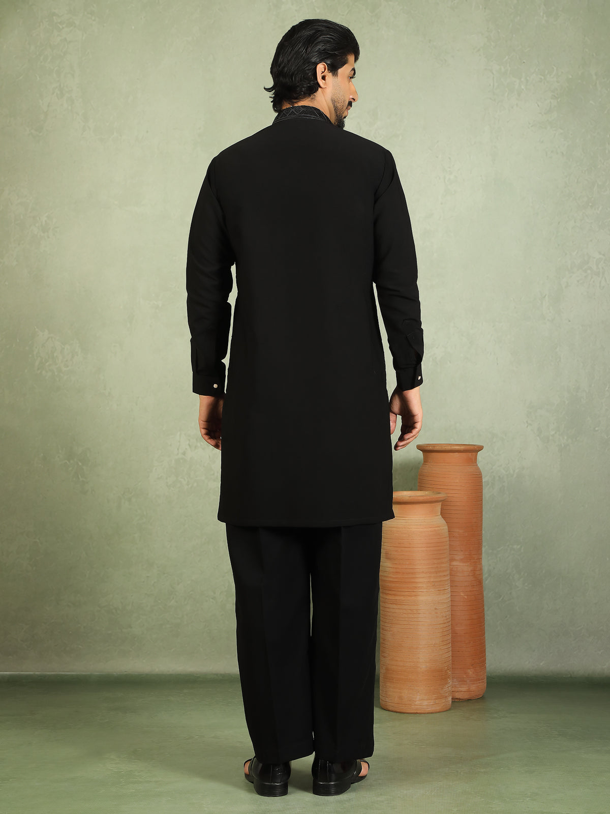 Luxe Men's Japanese Geometric Embroidered with Sequins & Zip Closure Kurta with Trouser Set - Black