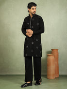 Luxe Men's Japanese Geometric Embroidered with Sequins & Zip Closure Kurta with Trouser Set - Black