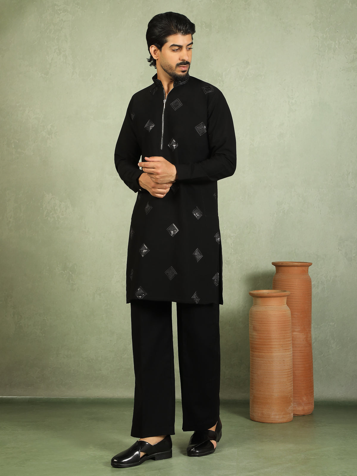 Luxe Men's Japanese Geometric Embroidered with Sequins & Zip Closure Kurta with Trouser Set - Black