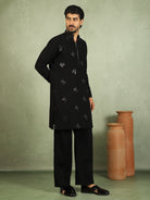 Luxe Men's Japanese Geometric Embroidered with Sequins & Zip Closure Kurta with Trouser Set - Black