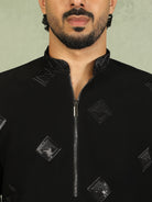 Luxe Men's Japanese Geometric Embroidered with Sequins & Zip Closure Kurta with Trouser Set - Black