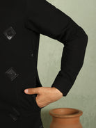 Luxe Men's Japanese Geometric Embroidered with Sequins & Zip Closure Kurta with Trouser Set - Black