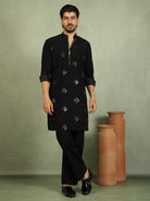 Luxe Men's Japanese Geometric Embroidered with Sequins & Zip Closure Kurta with Trouser Set - Black