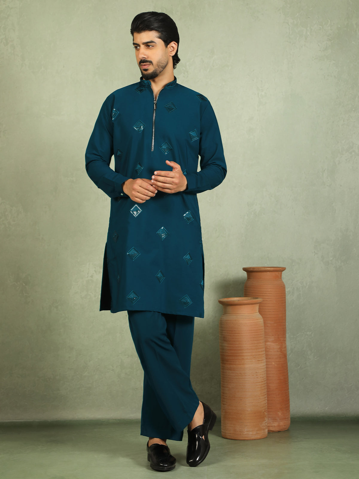 Luxe Men's Japanese Geometric Embroidered with Sequins & Zip Closure Kurta with Trouser Set - Blue