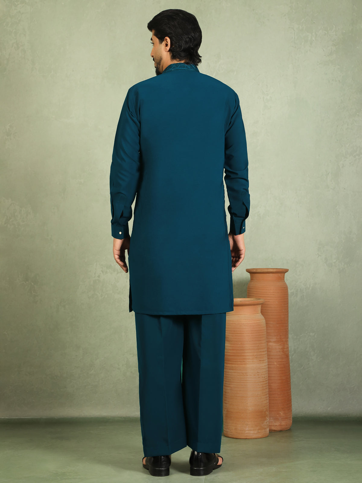 Luxe Men's Japanese Geometric Embroidered with Sequins & Zip Closure Kurta with Trouser Set - Blue