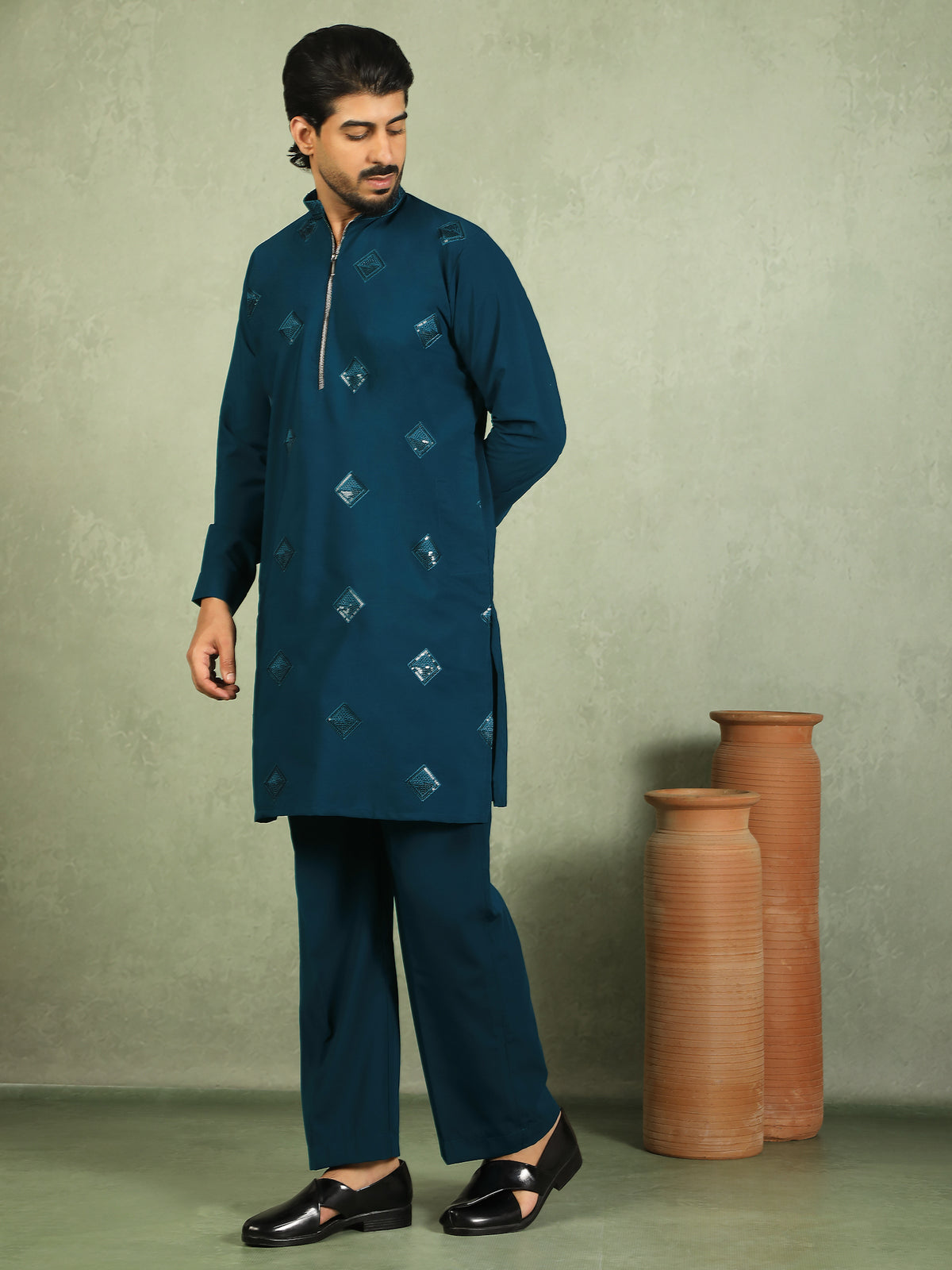 Luxe Men's Japanese Geometric Embroidered with Sequins & Zip Closure Kurta with Trouser Set - Blue