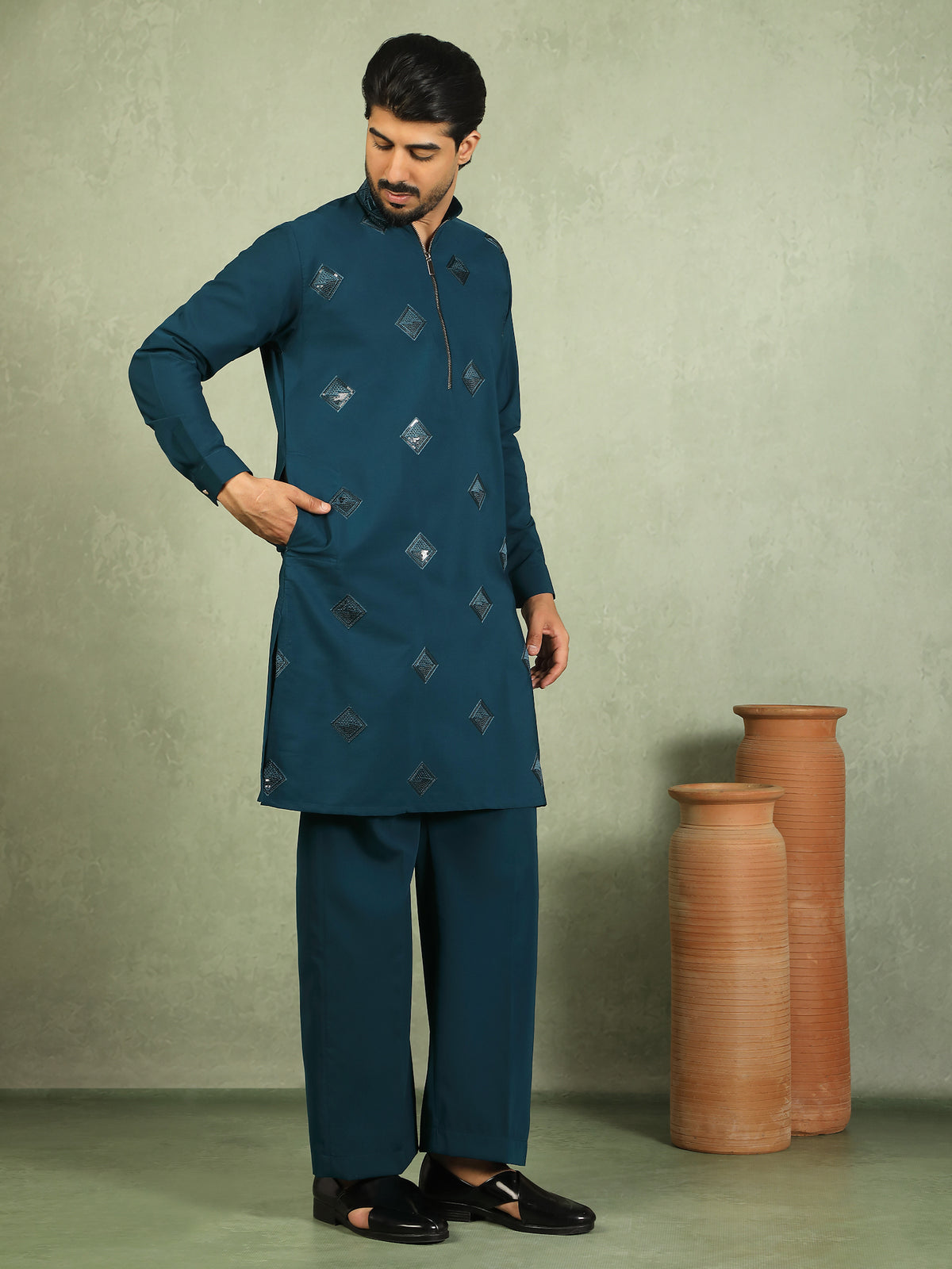 Luxe Men's Japanese Geometric Embroidered with Sequins & Zip Closure Kurta with Trouser Set - Blue