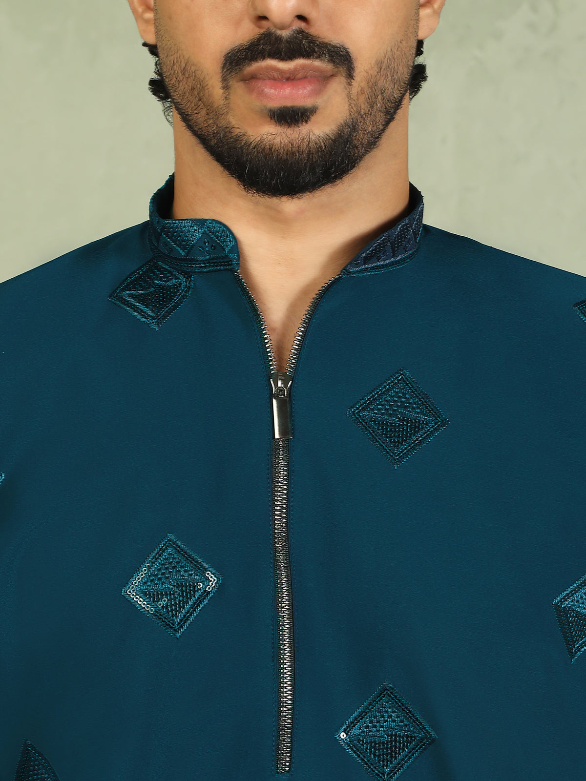 Luxe Men's Japanese Geometric Embroidered with Sequins & Zip Closure Kurta with Trouser Set - Blue