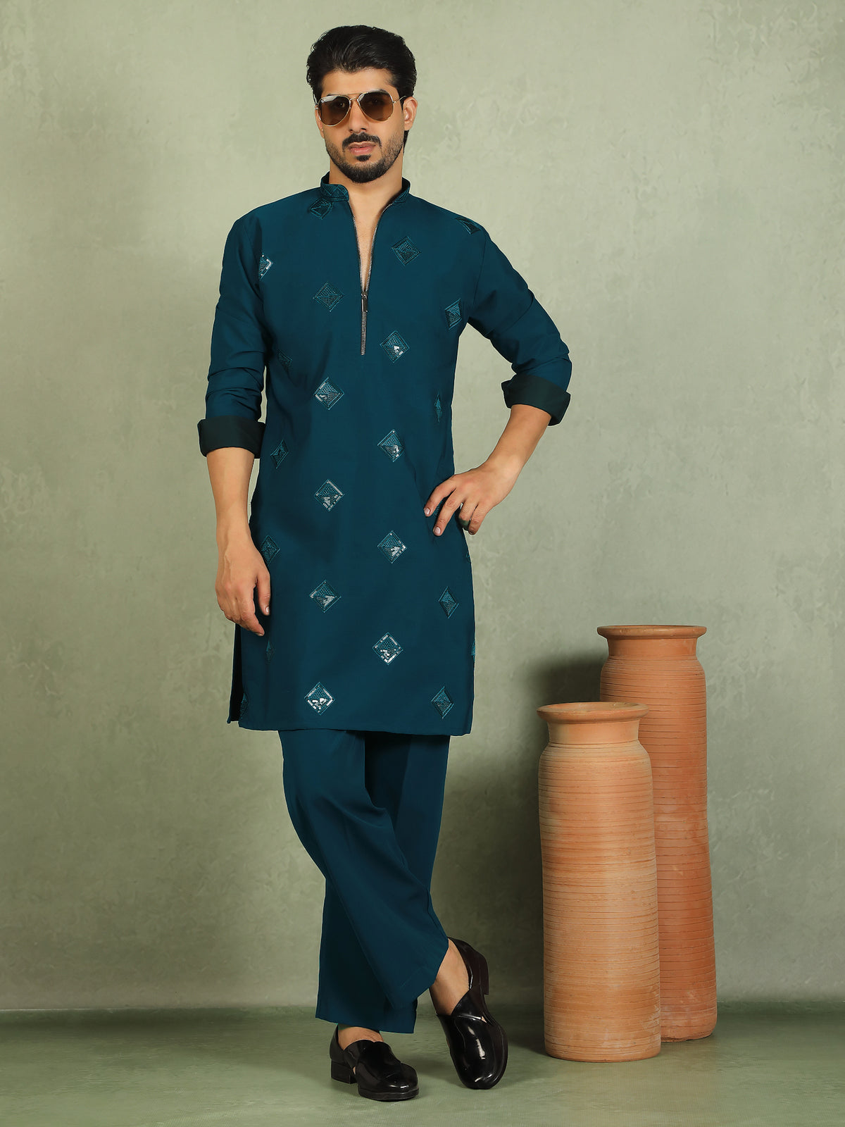 Luxe Men's Japanese Geometric Embroidered with Sequins & Zip Closure Kurta with Trouser Set - Blue