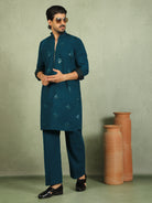 Luxe Men's Japanese Geometric Embroidered with Sequins & Zip Closure Kurta with Trouser Set - Blue