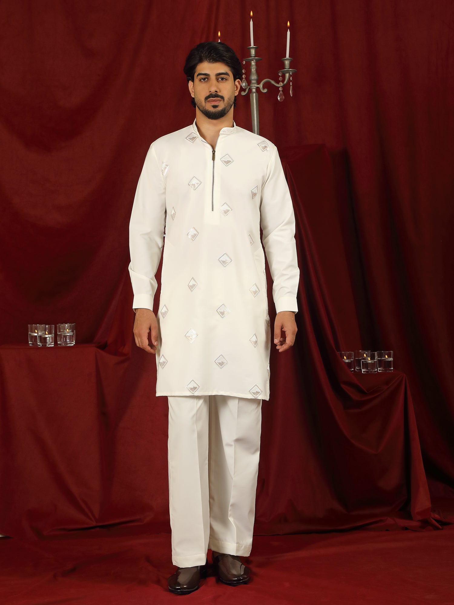 Luxe Men's Japanese Geometric Embroidered with Sequins & Zip Closure Kurta with Trouser Set - Cream