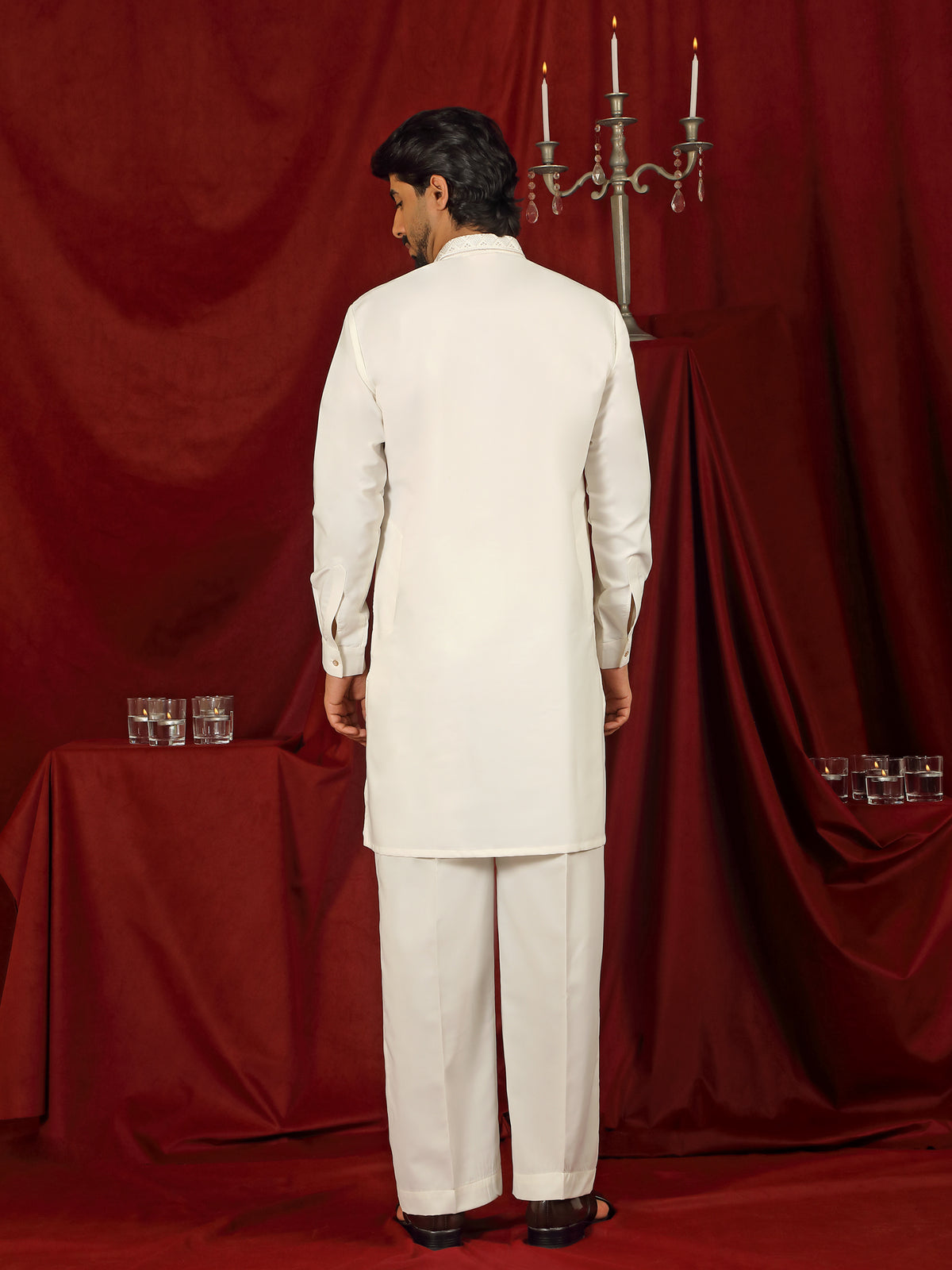 Luxe Men's Japanese Geometric Embroidered with Sequins & Zip Closure Kurta with Trouser Set - Cream