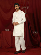 Luxe Men's Japanese Geometric Embroidered with Sequins & Zip Closure Kurta with Trouser Set - Cream