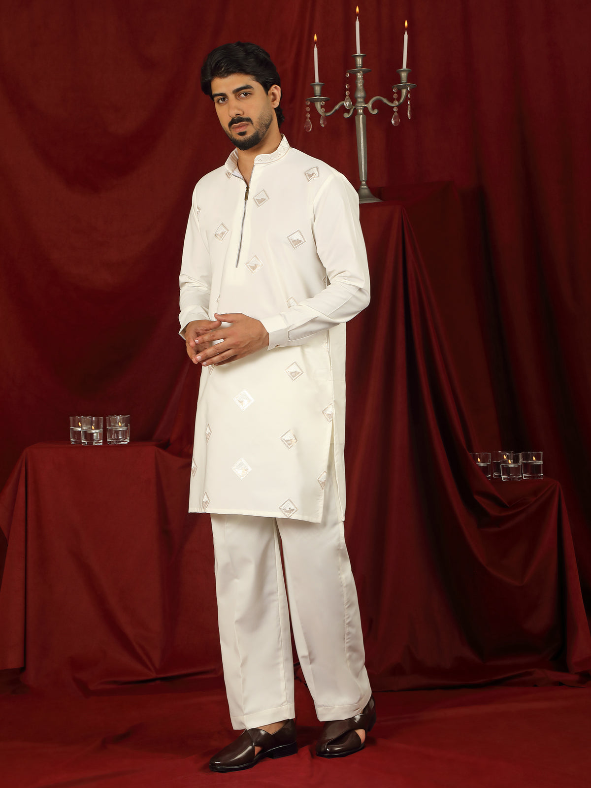 Luxe Men's Japanese Geometric Embroidered with Sequins & Zip Closure Kurta with Trouser Set - Cream