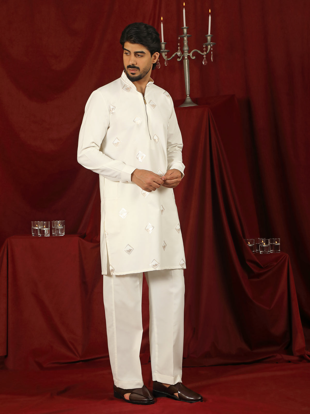 Luxe Men's Japanese Geometric Embroidered with Sequins & Zip Closure Kurta with Trouser Set - Cream