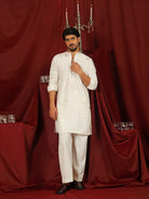 Luxe Men's Japanese Geometric Embroidered with Sequins & Zip Closure Kurta with Trouser Set - Cream