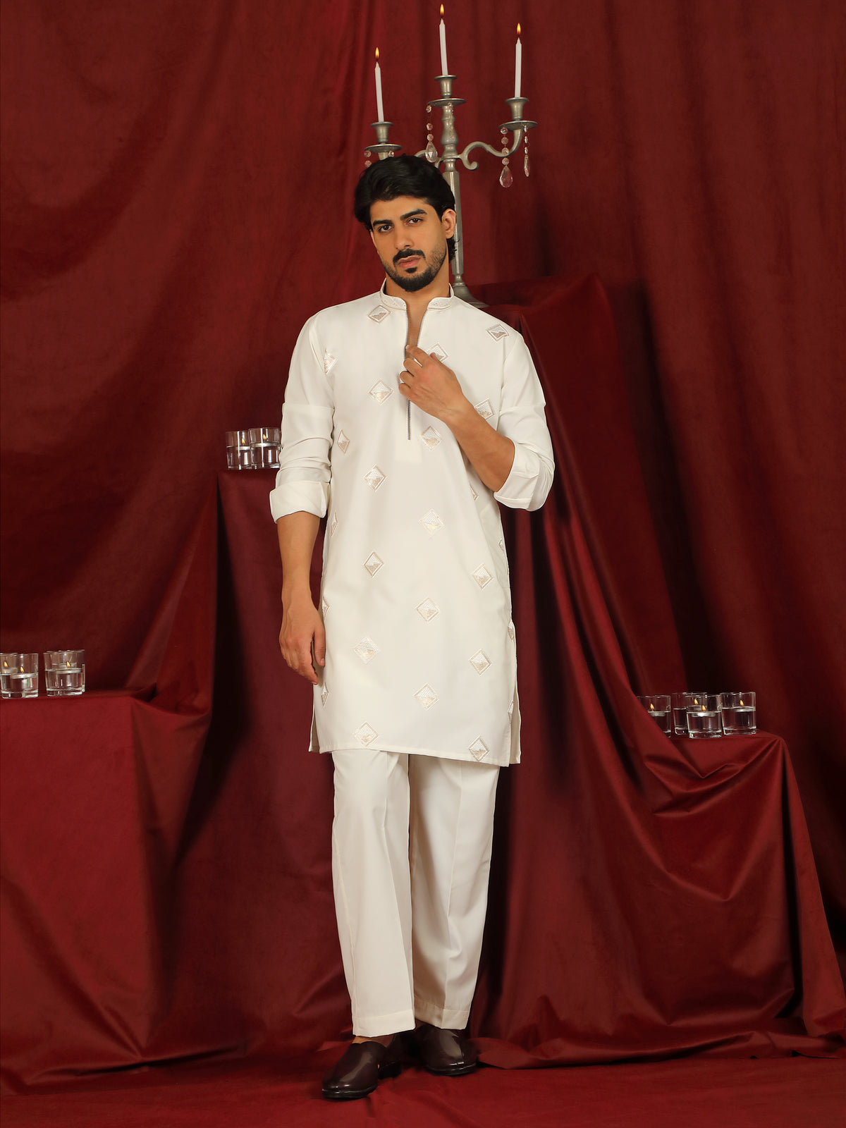 Luxe Men's Japanese Geometric Embroidered with Sequins & Zip Closure Kurta with Trouser Set - Cream