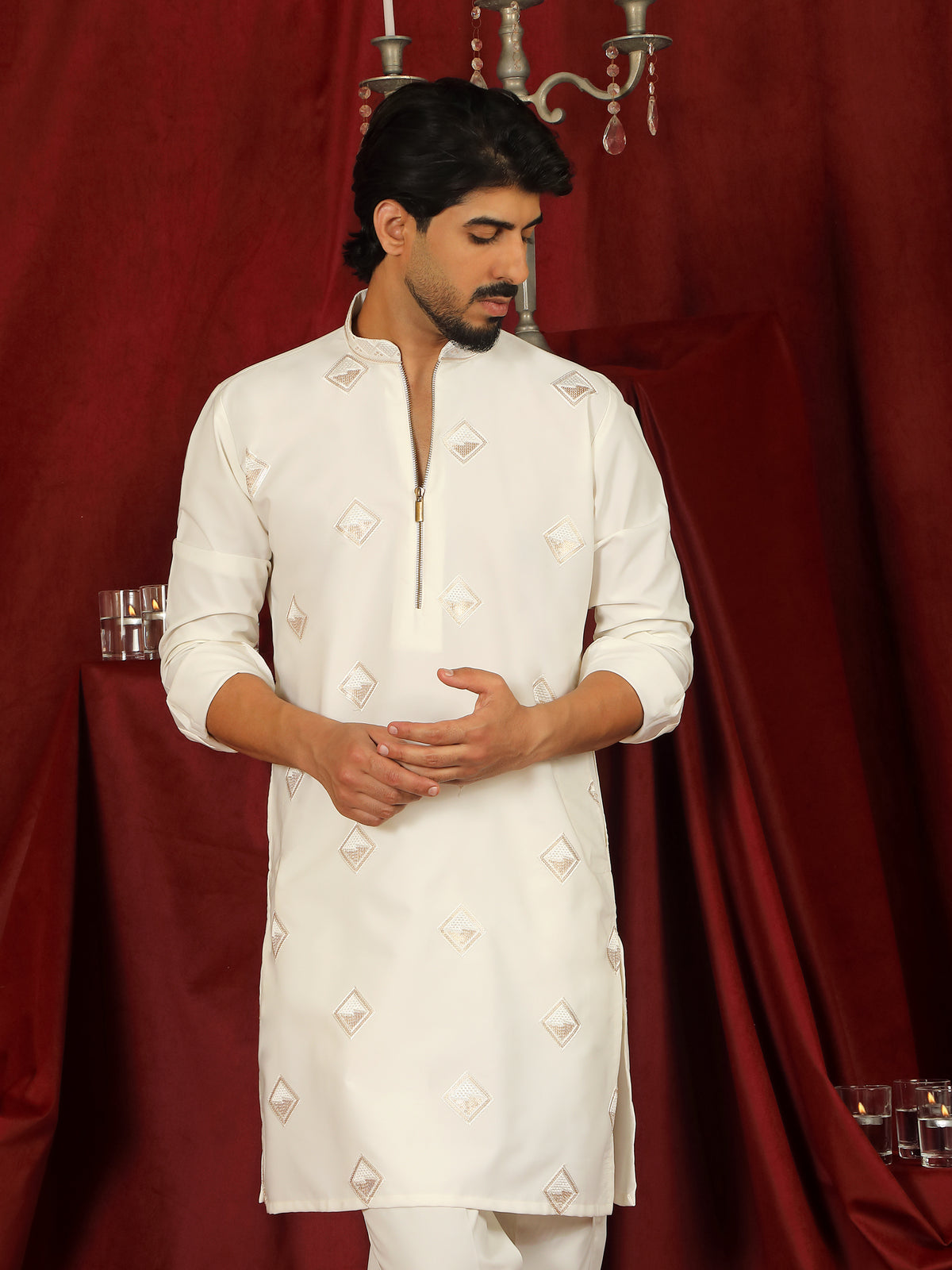 Luxe Men's Japanese Geometric Embroidered with Sequins & Zip Closure Kurta with Trouser Set - Cream