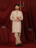 Luxe Men's Japanese Geometric Embroidered with Sequins & Zip Closure Kurta with Trouser Set - Fawn