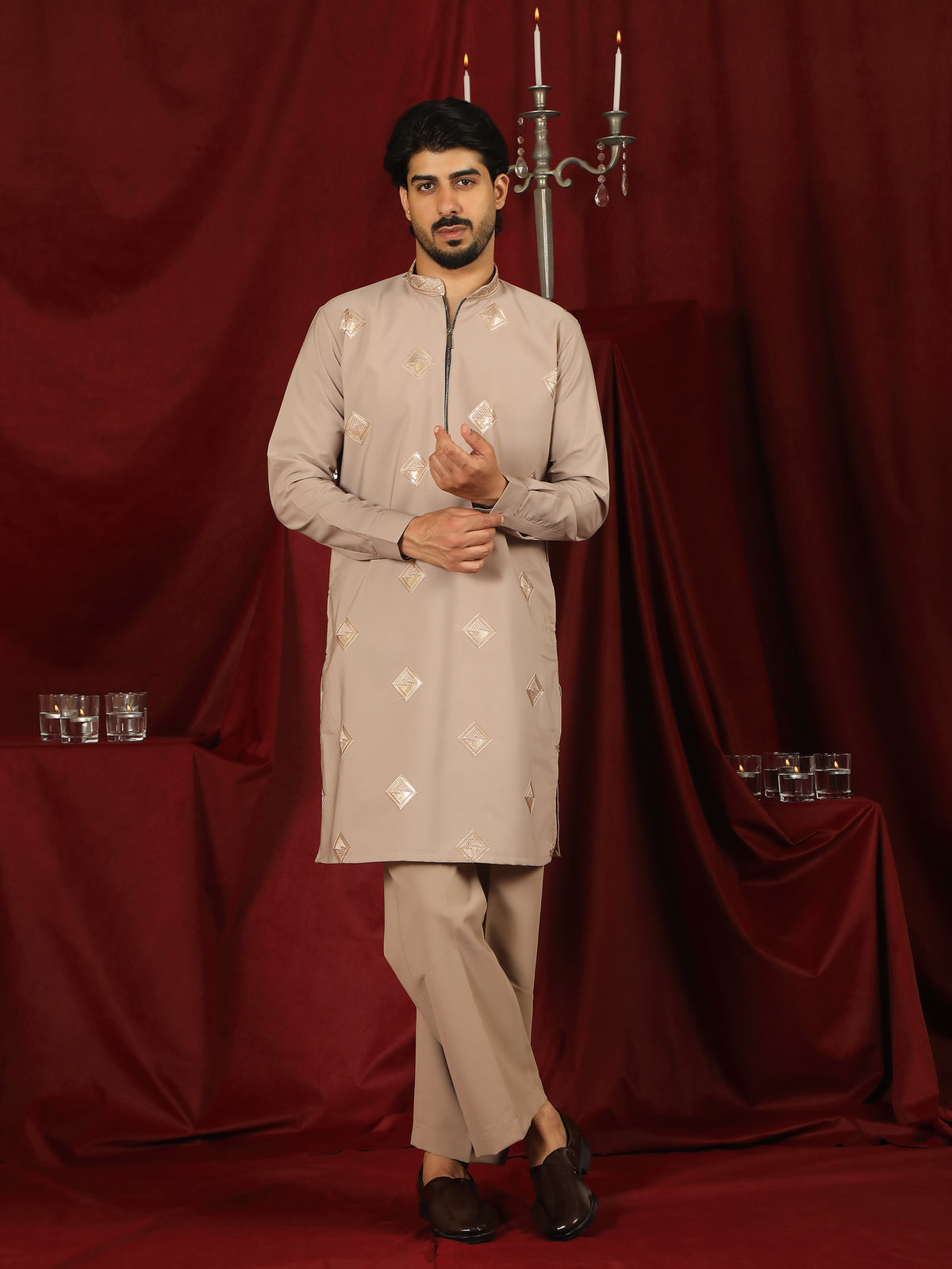 Luxe Men's Japanese Geometric Embroidered with Sequins & Zip Closure Kurta with Trouser Set - Fawn