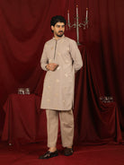 Luxe Men's Japanese Geometric Embroidered with Sequins & Zip Closure Kurta with Trouser Set - Fawn