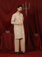 Luxe Men's Japanese Geometric Embroidered with Sequins & Zip Closure Kurta with Trouser Set - Fawn