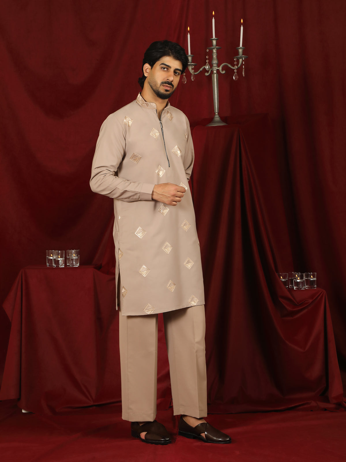 Luxe Men's Japanese Geometric Embroidered with Sequins & Zip Closure Kurta with Trouser Set - Fawn
