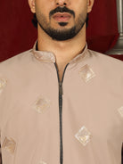 Luxe Men's Japanese Geometric Embroidered with Sequins & Zip Closure Kurta with Trouser Set - Fawn