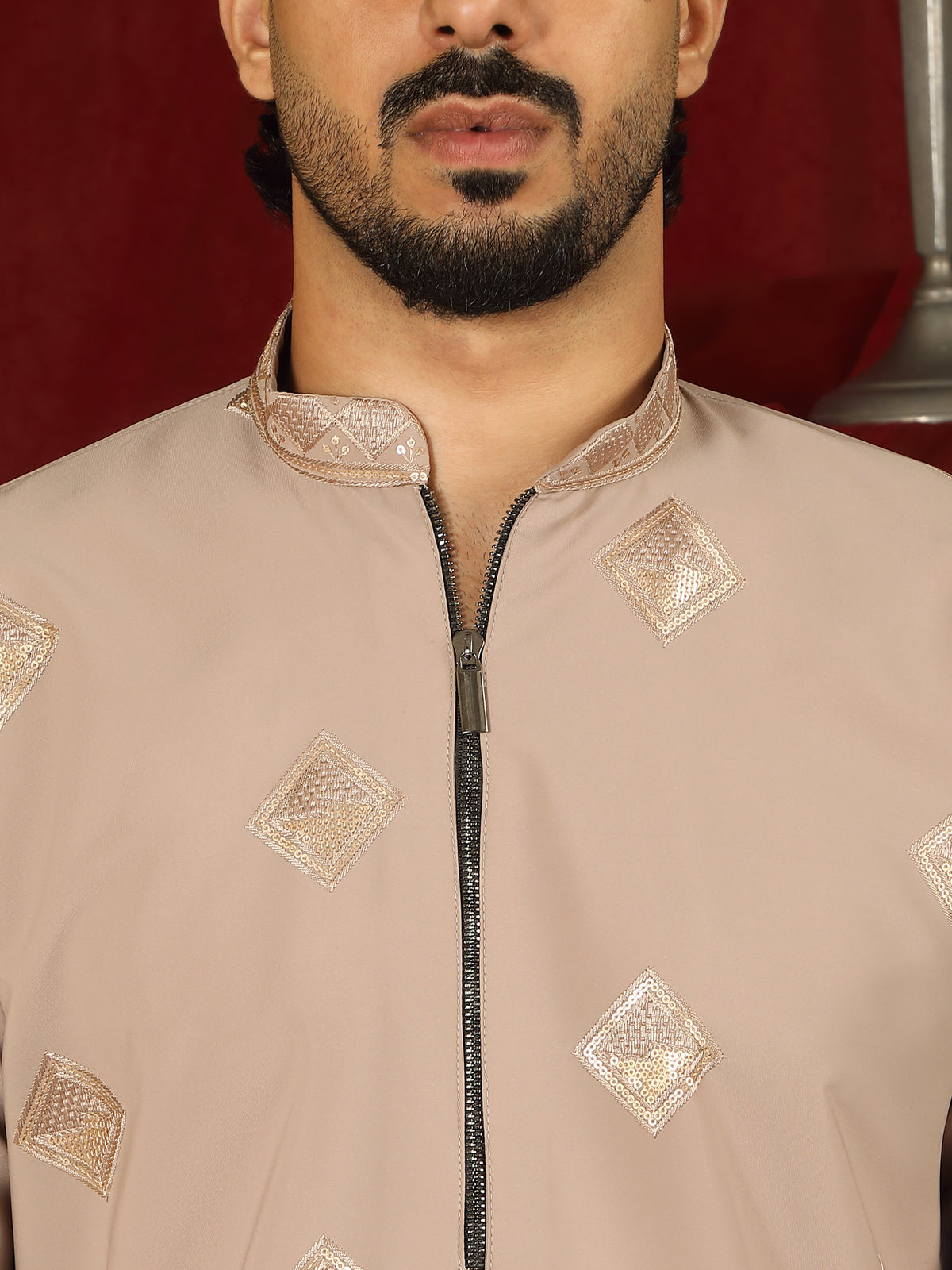 Luxe Men's Japanese Geometric Embroidered with Sequins & Zip Closure Kurta with Trouser Set - Fawn