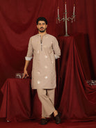 Luxe Men's Japanese Geometric Embroidered with Sequins & Zip Closure Kurta with Trouser Set - Fawn