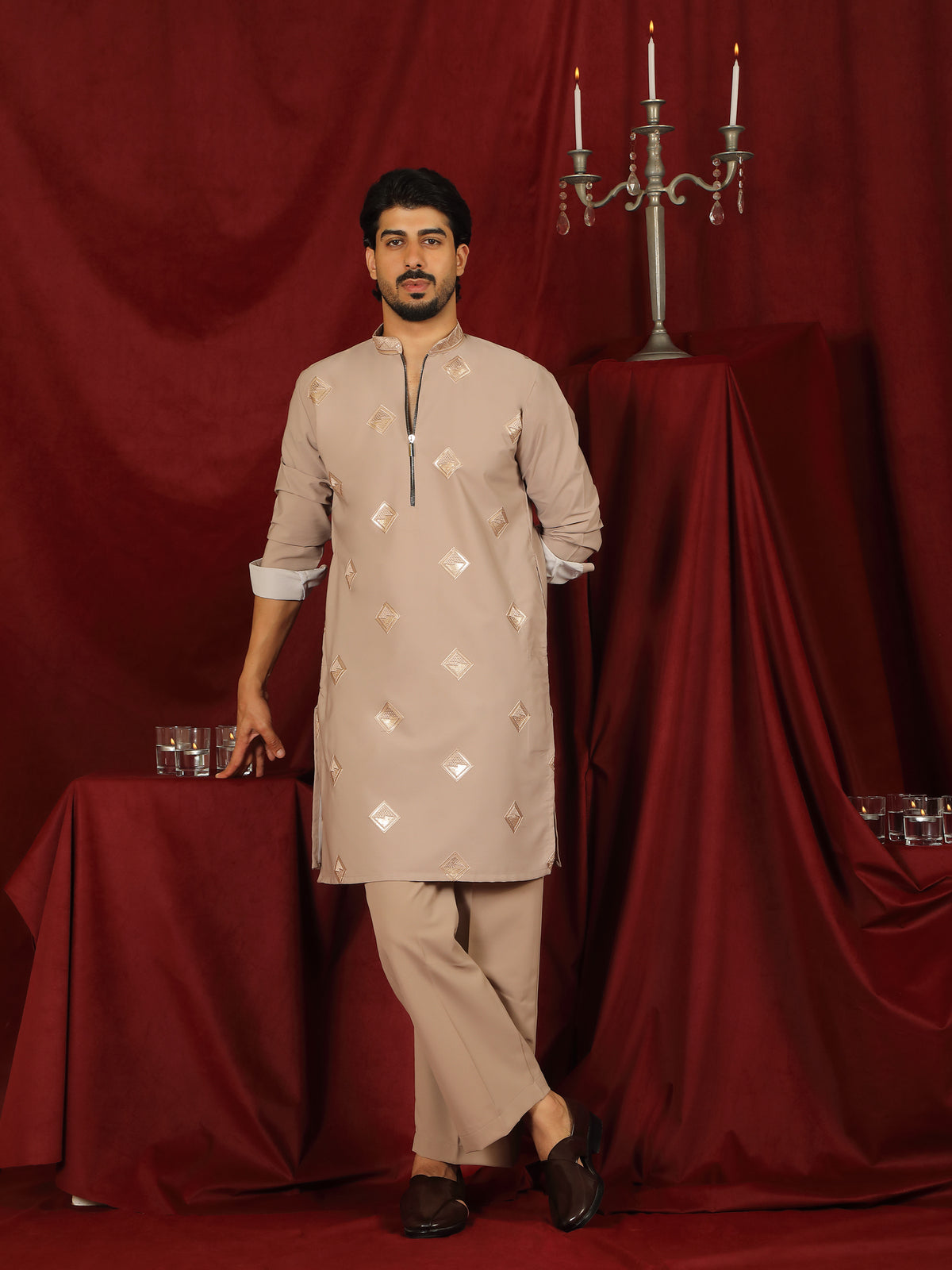 Luxe Men's Japanese Geometric Embroidered with Sequins & Zip Closure Kurta with Trouser Set - Fawn