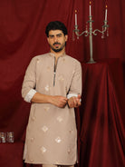 Luxe Men's Japanese Geometric Embroidered with Sequins & Zip Closure Kurta with Trouser Set - Fawn
