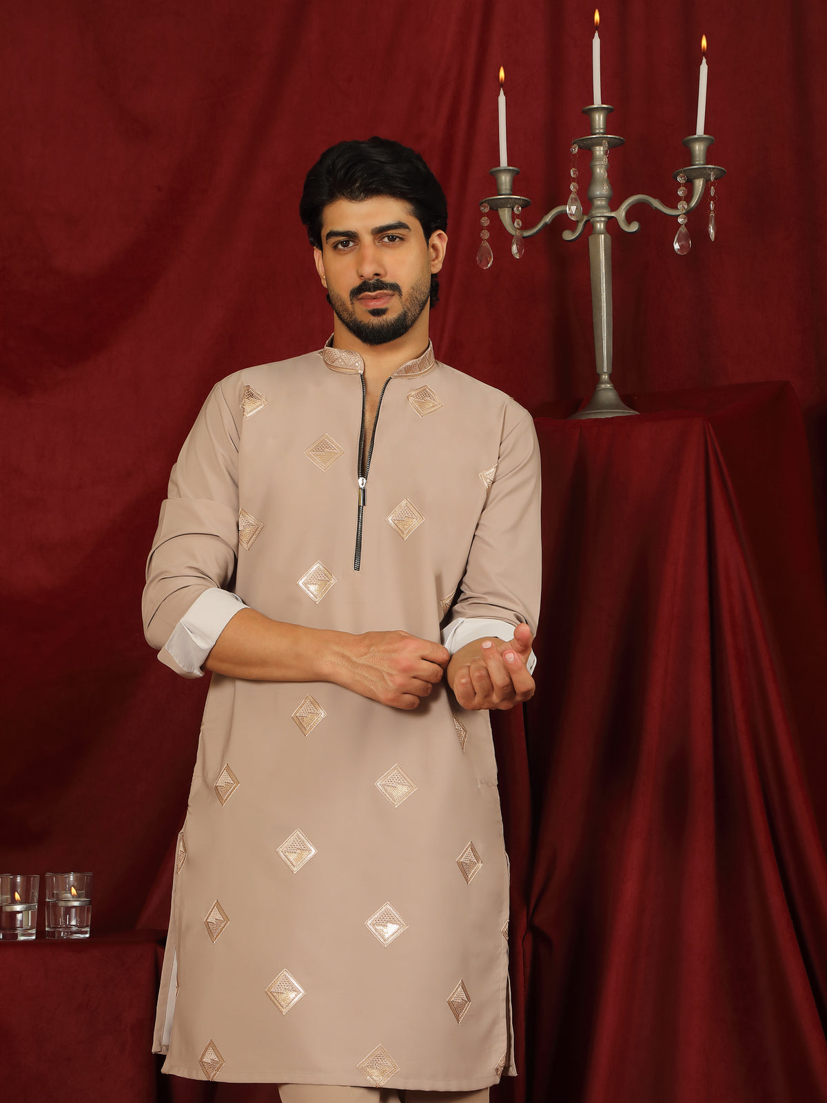Luxe Men's Japanese Geometric Embroidered with Sequins & Zip Closure Kurta with Trouser Set - Fawn