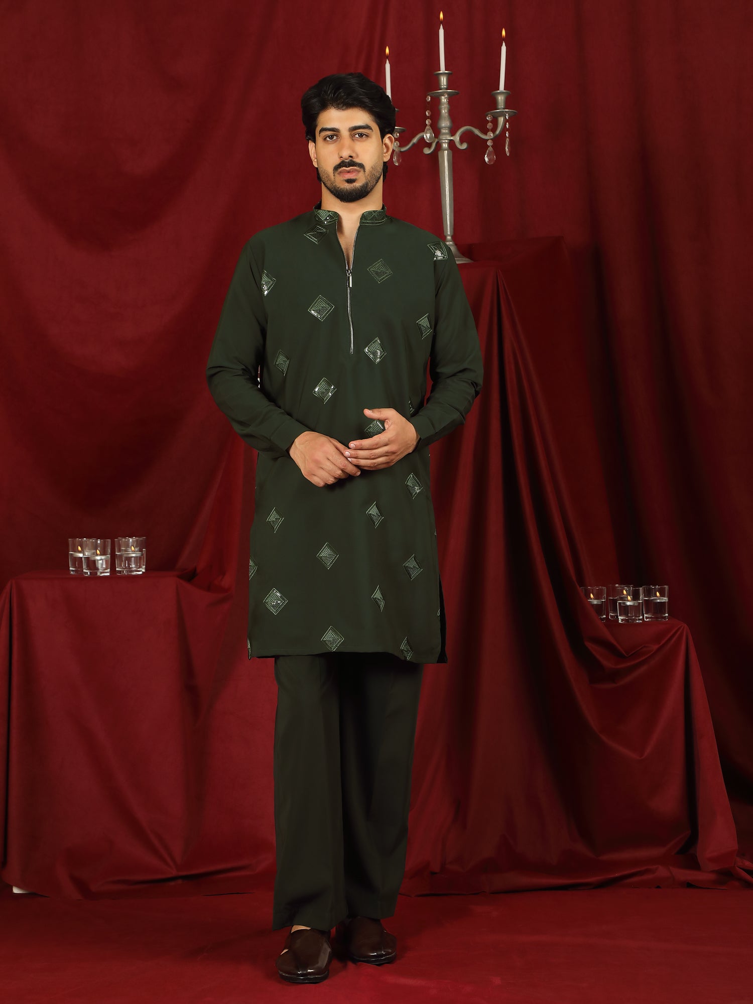 Luxe Men's Japanese Geometric Embroidered with Sequins & Zip Closure Kurta with Trouser Set - Mehndi
