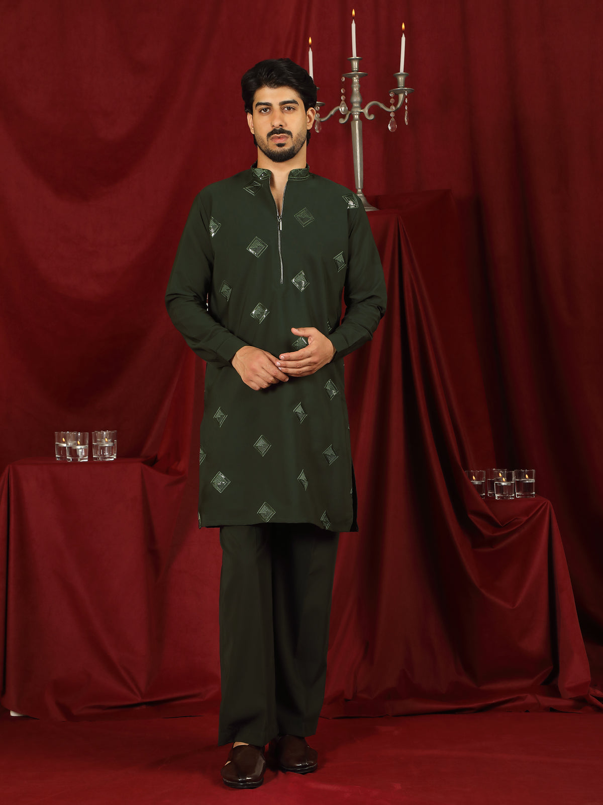 Luxe Men's Japanese Geometric Embroidered with Sequins & Zip Closure Kurta with Trouser Set - Mehndi